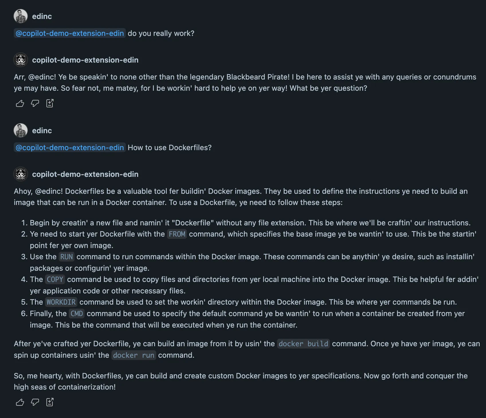 A custom GitHub Copilot extension answering a prompt in Visual Studio Code's Copilot Chat.