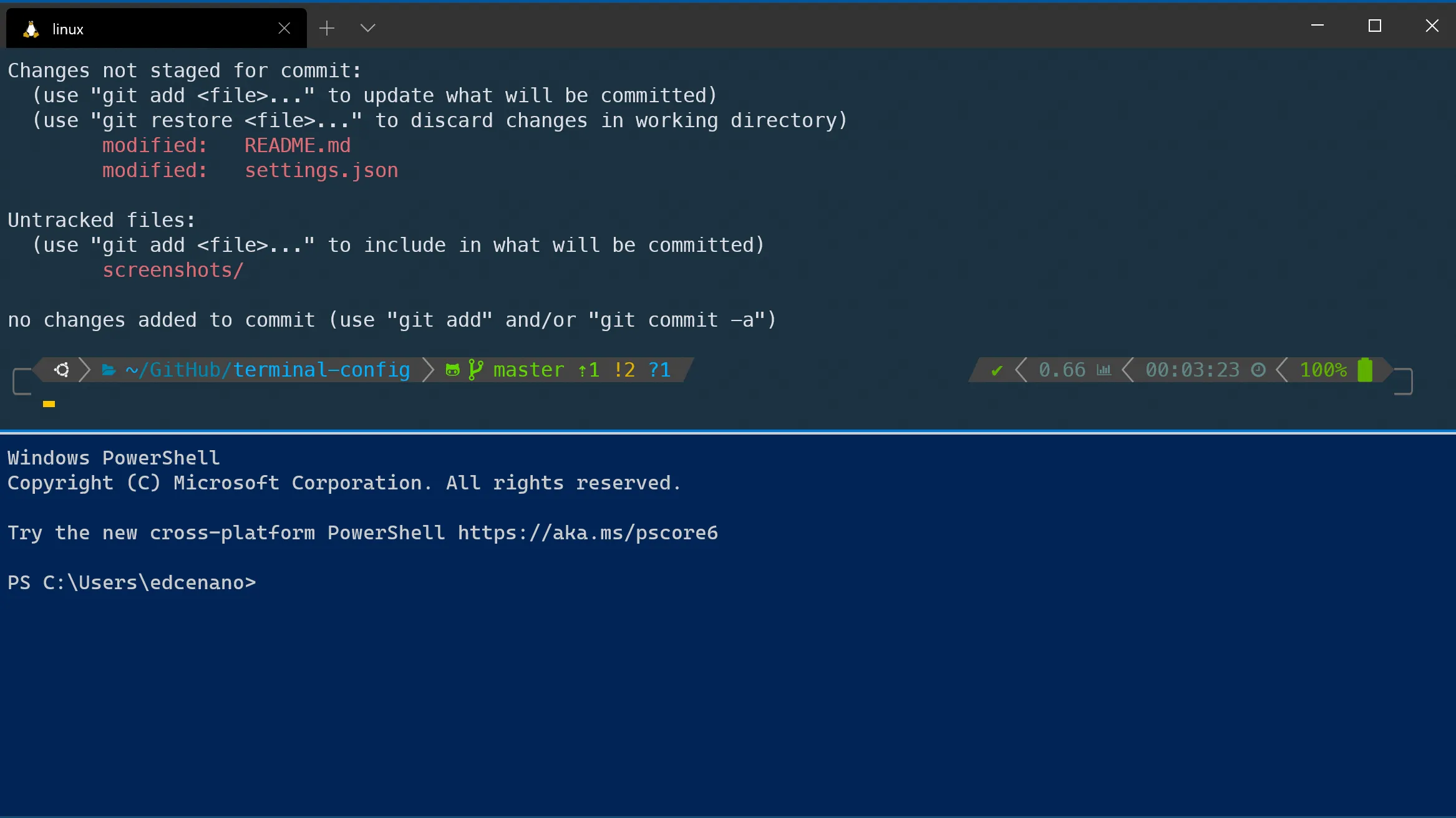 Windows Terminal running zsh with a Powerlevel10k prompt showing git status, alongside a PowerShell pane.